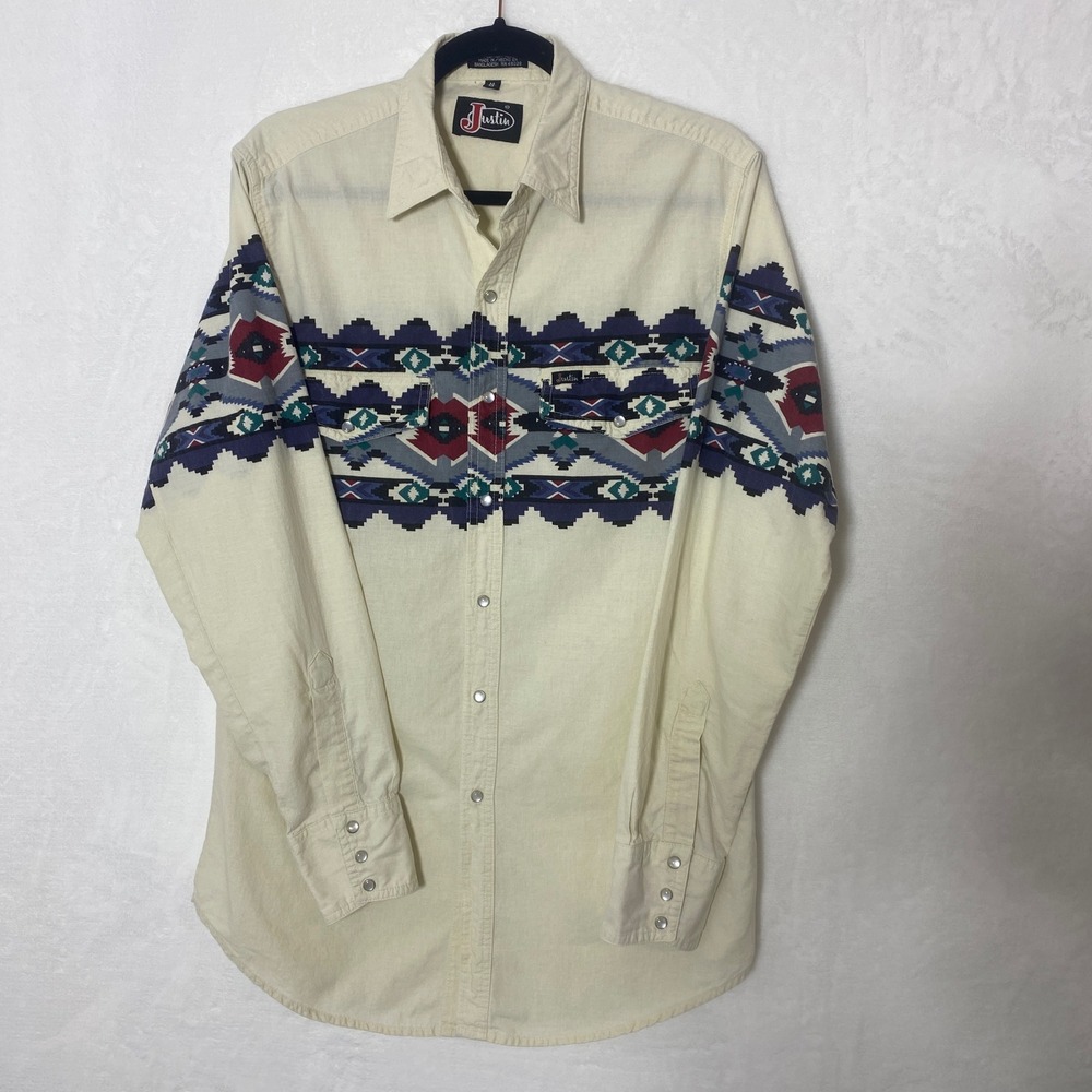Justin VTG Western Brushpopper M Shirt Aztec Print Long Sleeve Button Up Mens
